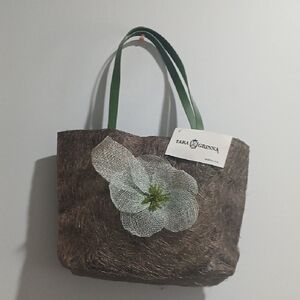 Rustic Brown and Green Floral Accent Tote Leather Handles New With Tag TARAGRIN